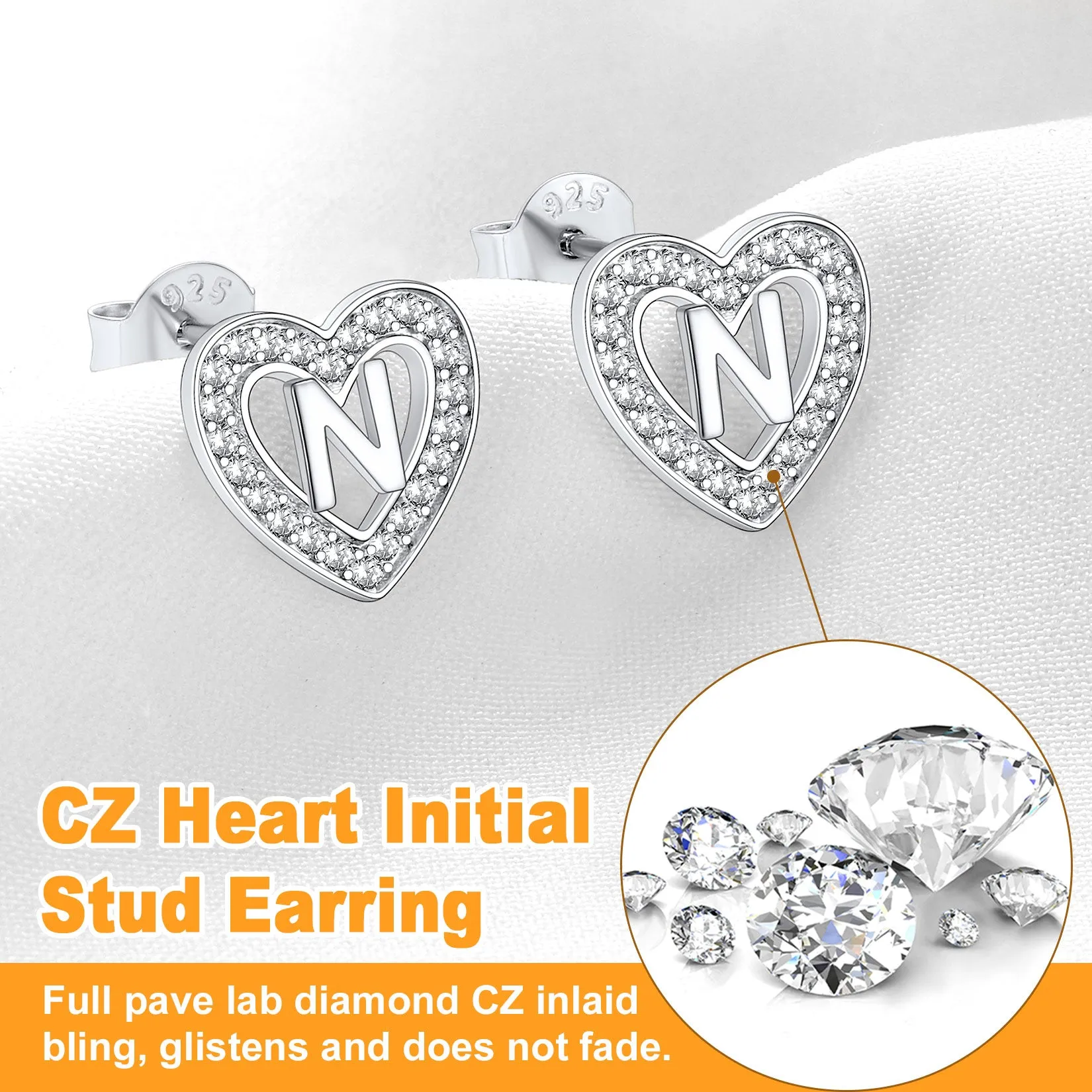 Silver Heart Initial Letter Stud Cubic Zirconia Earrings for Women Girl sold by FaithHeart product image thumbnail 5