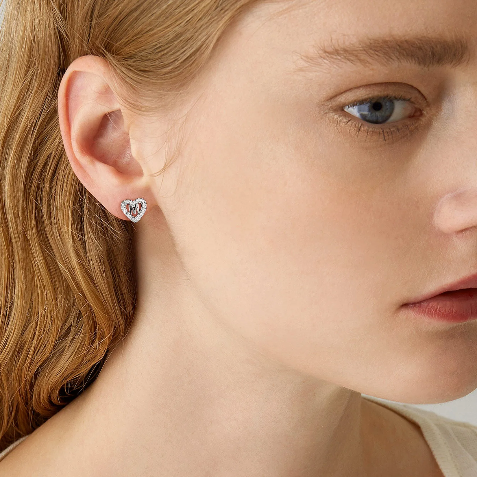 Silver Heart Initial Letter Stud Cubic Zirconia Earrings for Women Girl sold by FaithHeart product image thumbnail 3