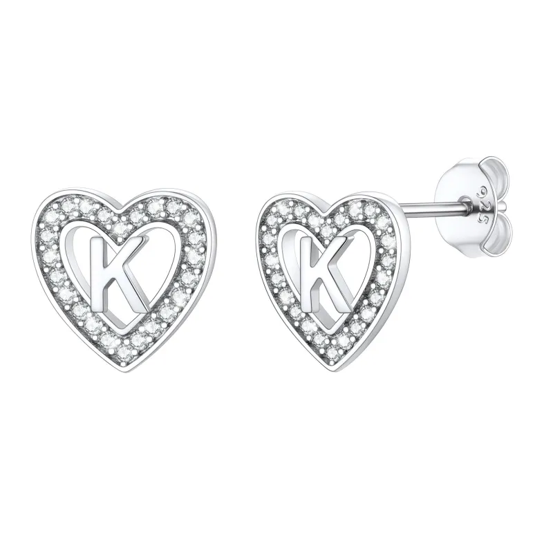 Silver Heart Initial Letter Stud Cubic Zirconia Earrings for Women Girl sold by FaithHeart