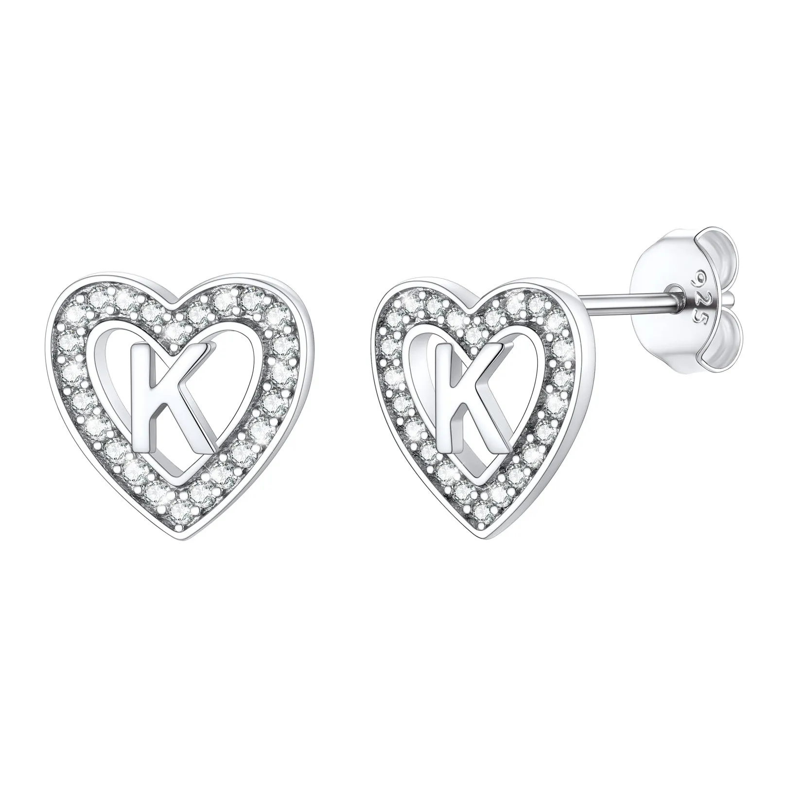 Silver Heart Initial Letter Stud Cubic Zirconia Earrings for Women Girl sold by FaithHeart