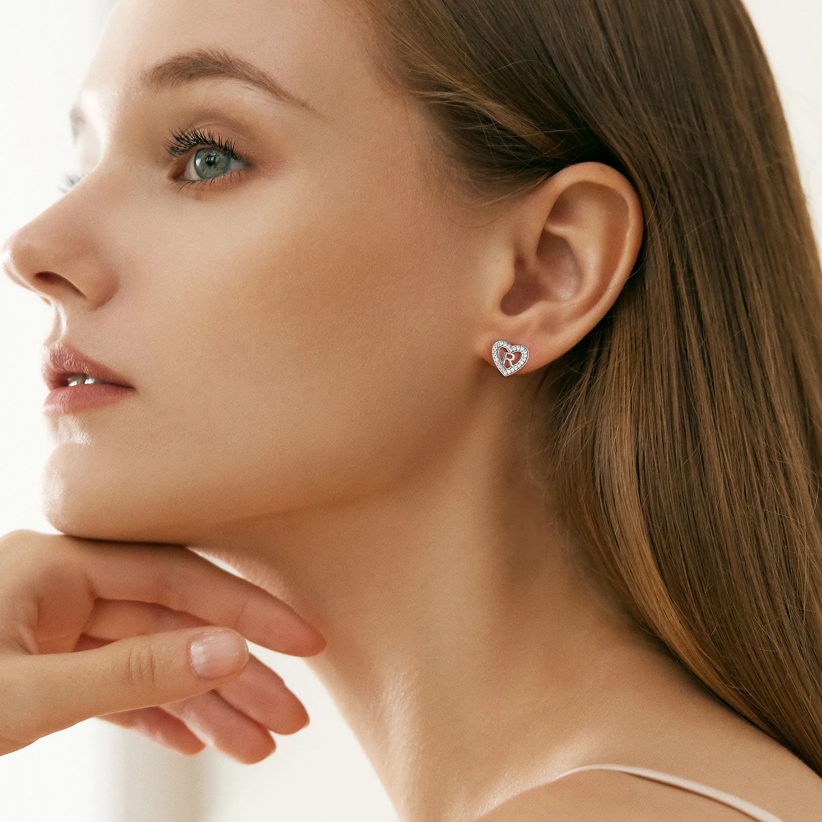 Silver Heart Initial Letter Stud Cubic Zirconia Earrings for Women Girl sold by FaithHeart product image thumbnail 2