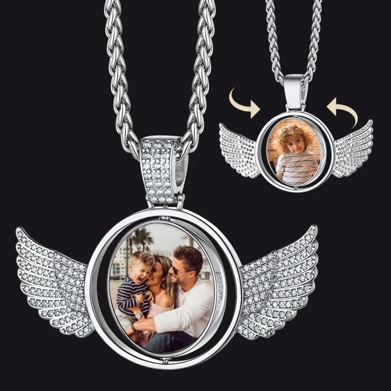 Custom Double-sided Picture Photo Circle Chain Necklace with Angel Wings for Men Women sold by FaithHeart