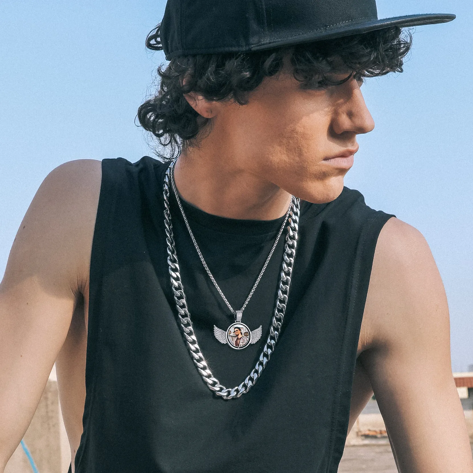 Custom Double-sided Picture Photo Circle Chain Necklace with Angel Wings for Men Women sold by FaithHeart product image thumbnail 3