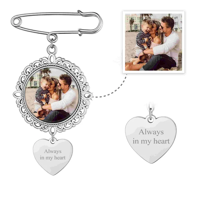 Customized Wedding Bouquet Photo Charm Brooch Pins sold by FaithHeart