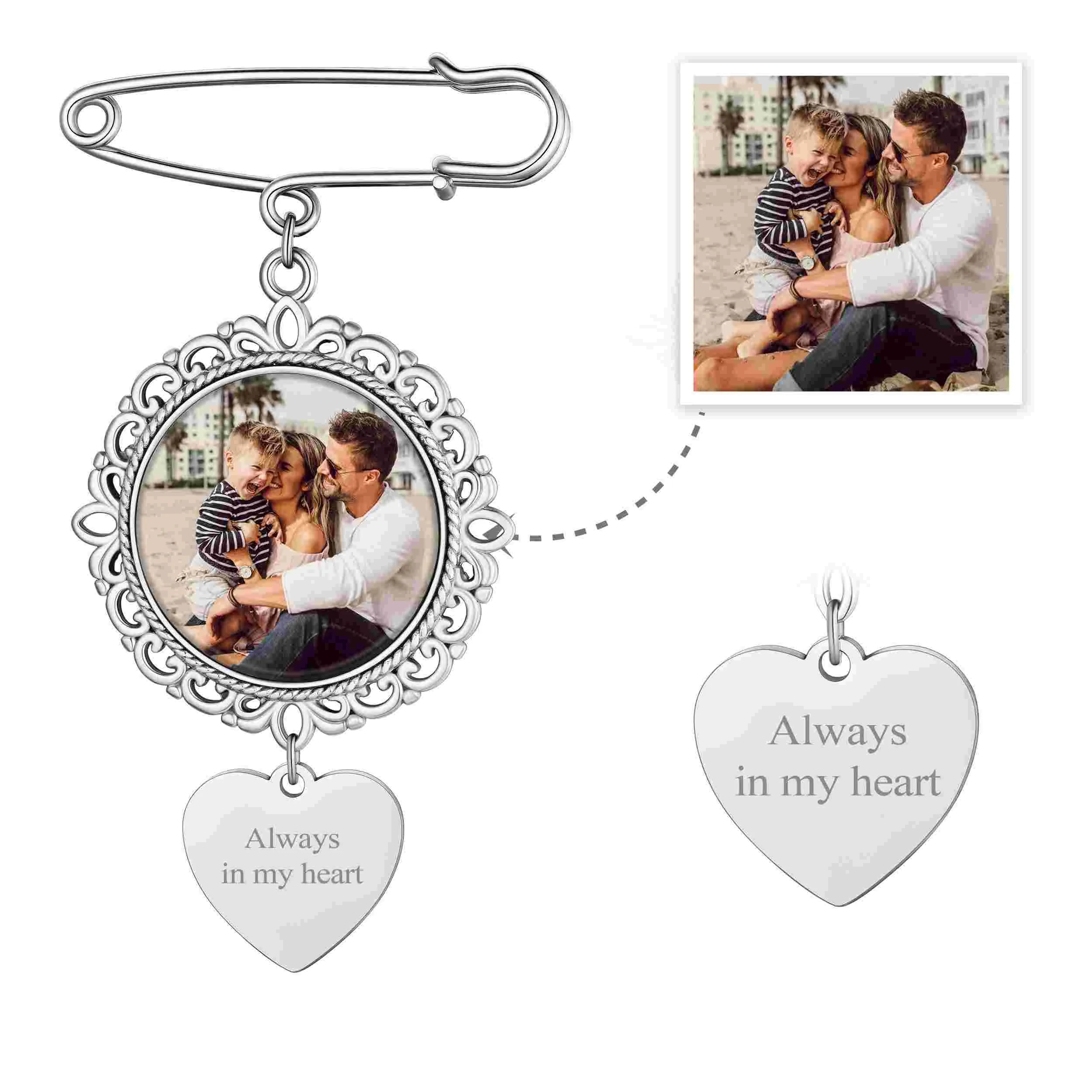 Customized Wedding Bouquet Photo Charm Brooch Pins sold by FaithHeart