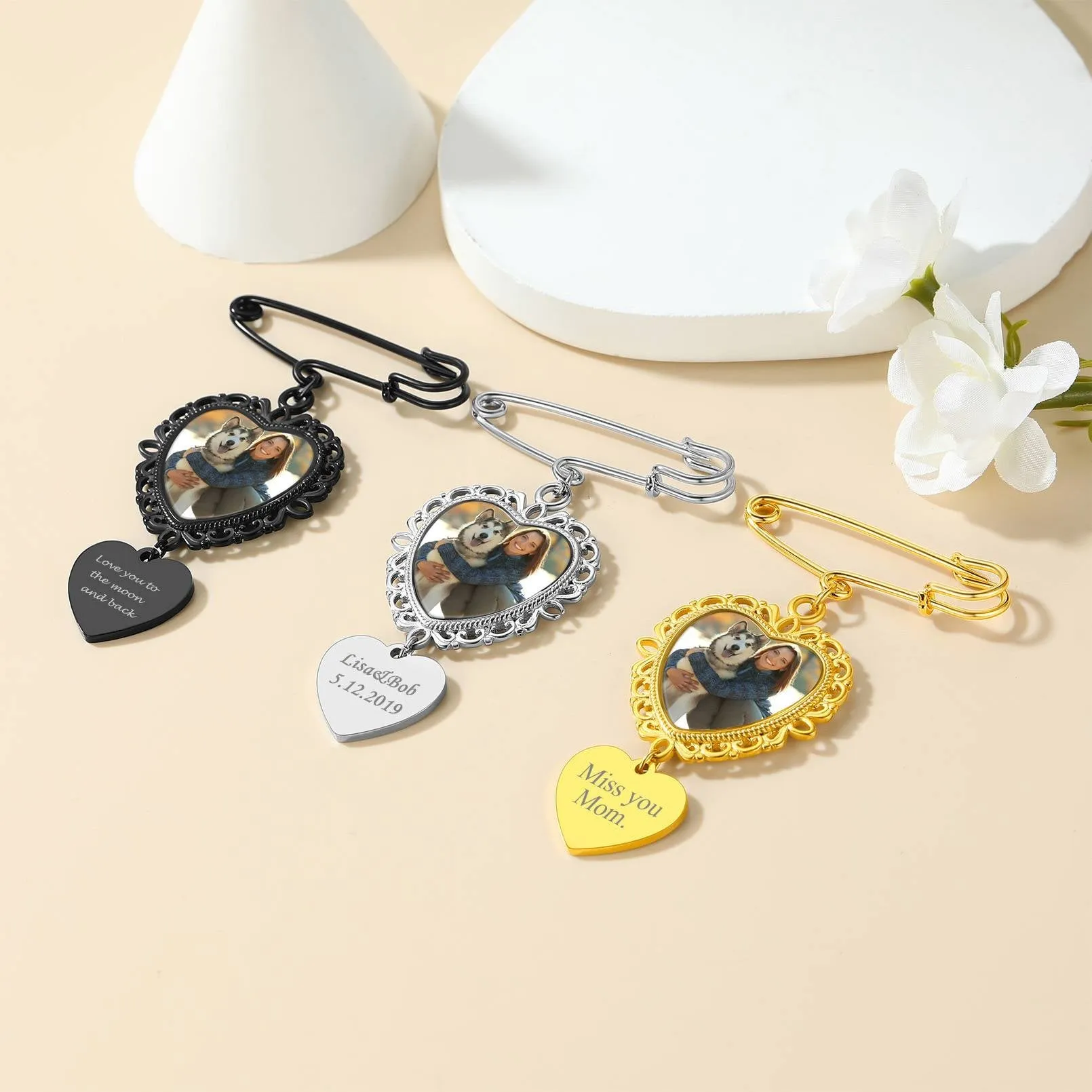 Customized Bouquet Heart Picture Charms Brooch Pins for Wedding sold by FaithHeart product image thumbnail 5