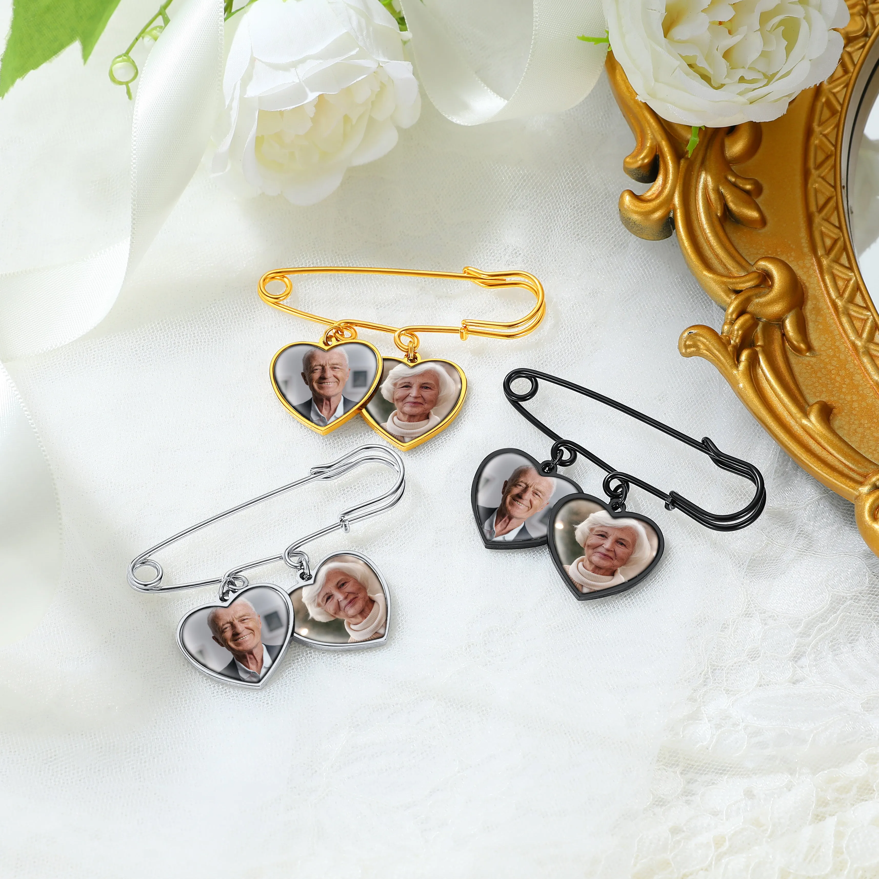 Customized Memorial Heart Photo Charm Boutonniere Button Pins for Wedding Funeral sold by FaithHeart product image thumbnail 5