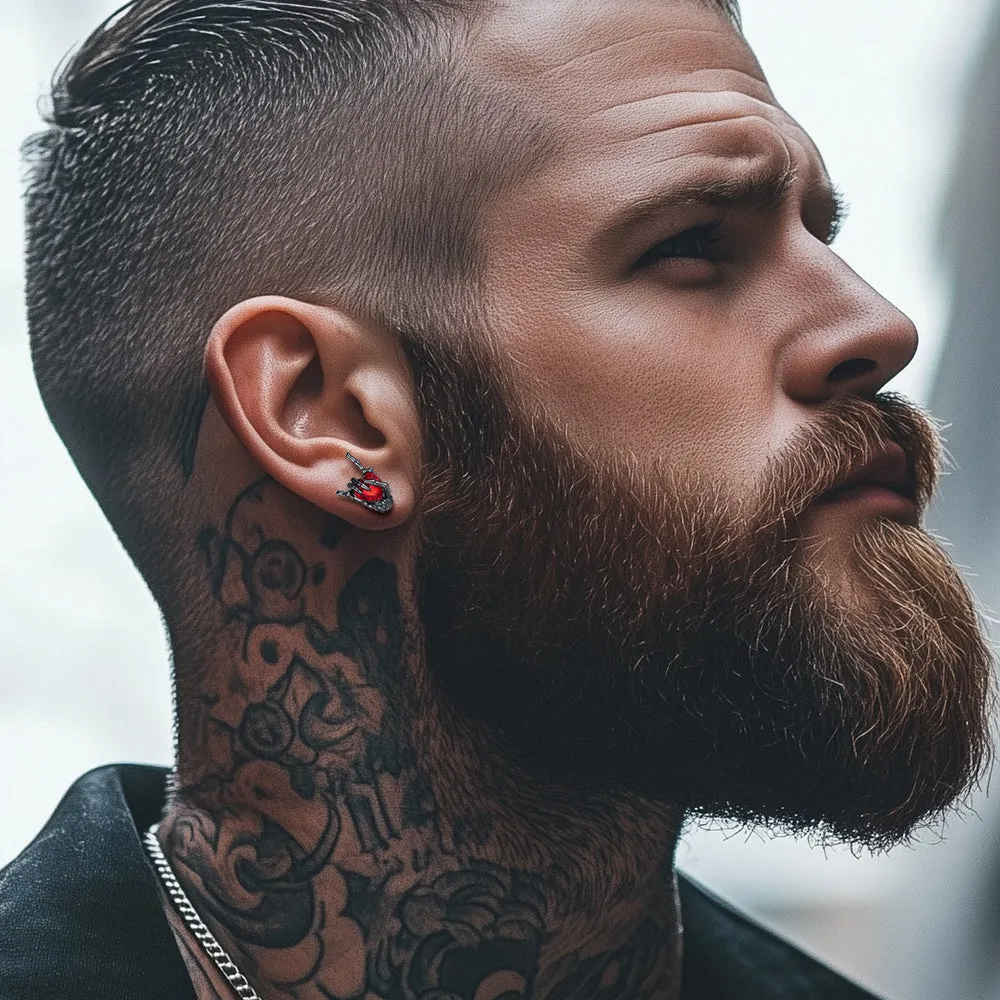 Black Skeleton Rock Hand Heart Ruby Stud Earrings for Men sold by FaithHeart product image thumbnail 2