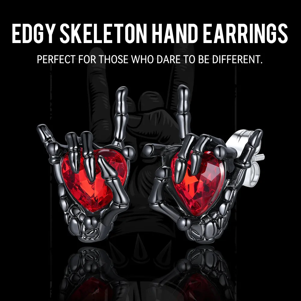 Black Skeleton Rock Hand Heart Ruby Stud Earrings for Men sold by FaithHeart product image thumbnail 3