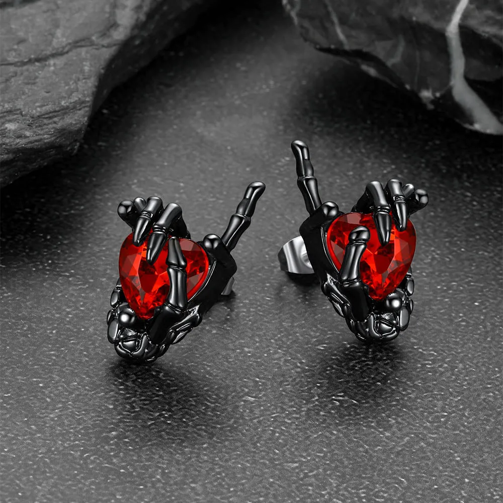 Black Skeleton Rock Hand Heart Ruby Stud Earrings for Men sold by FaithHeart product image thumbnail 5