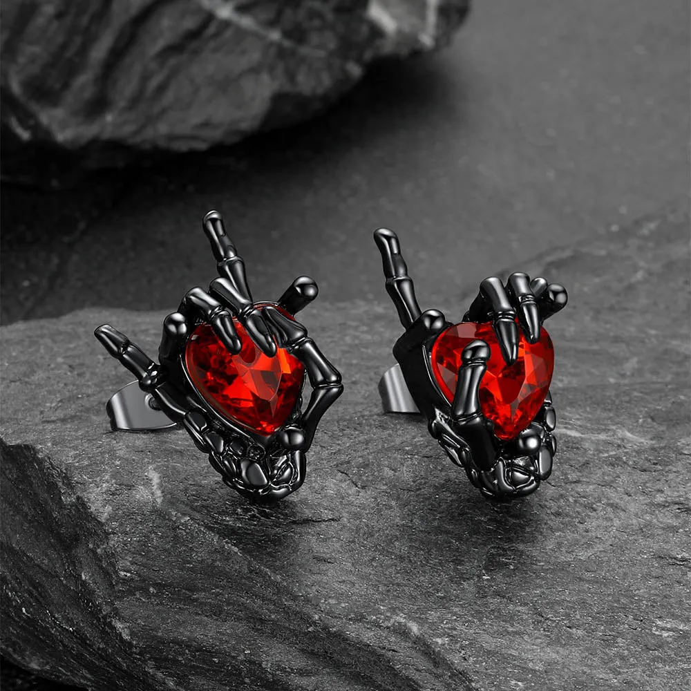 Black Skeleton Rock Hand Heart Ruby Stud Earrings for Men sold by FaithHeart product image thumbnail 4