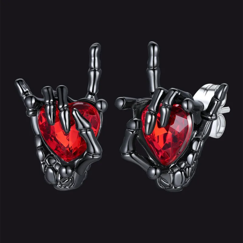 Black Skeleton Rock Hand Heart Ruby Stud Earrings for Men sold by FaithHeart
