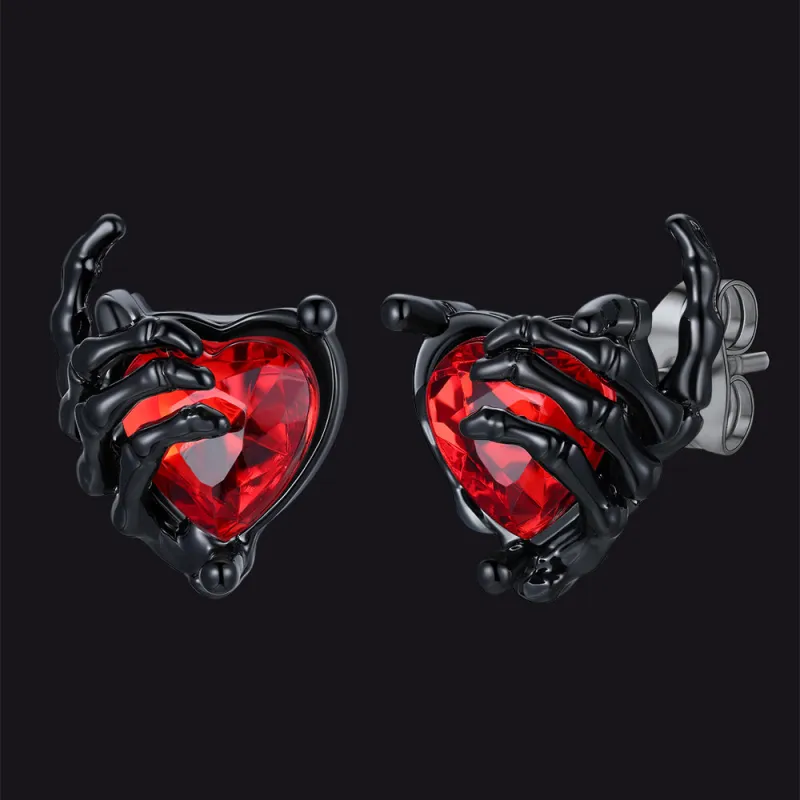 Gothic Black Ruby Heart Skull Hand Stud Earrings for Men sold by FaithHeart