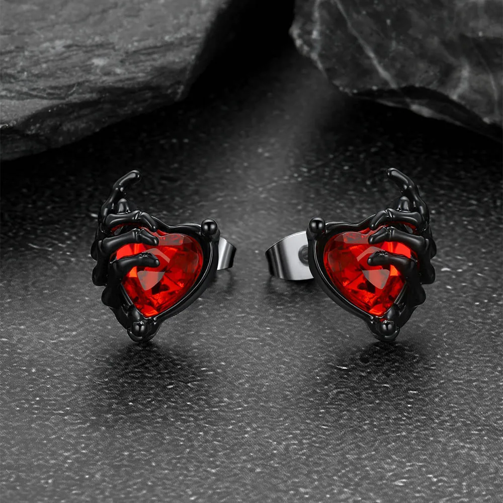 Gothic Black Ruby Heart Skull Hand Stud Earrings for Men sold by FaithHeart product image thumbnail 4