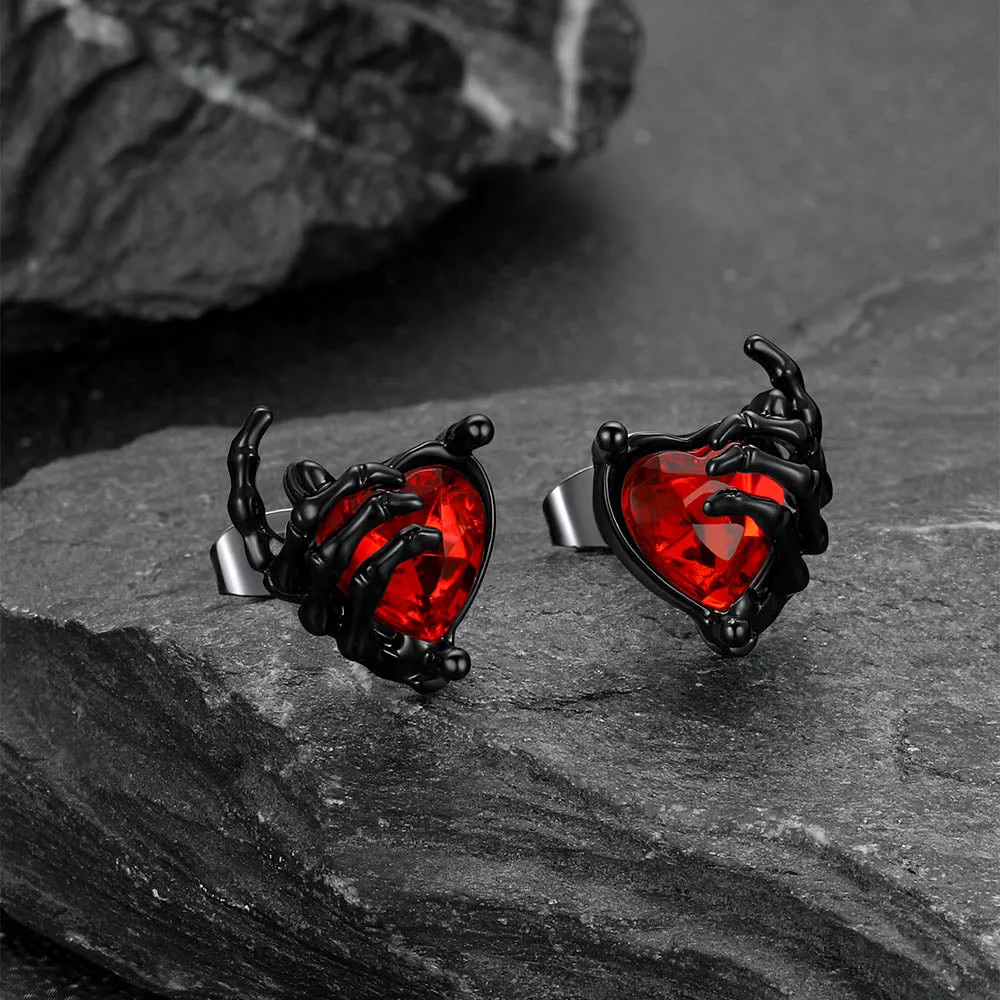 Gothic Black Ruby Heart Skull Hand Stud Earrings for Men sold by FaithHeart product image thumbnail 5