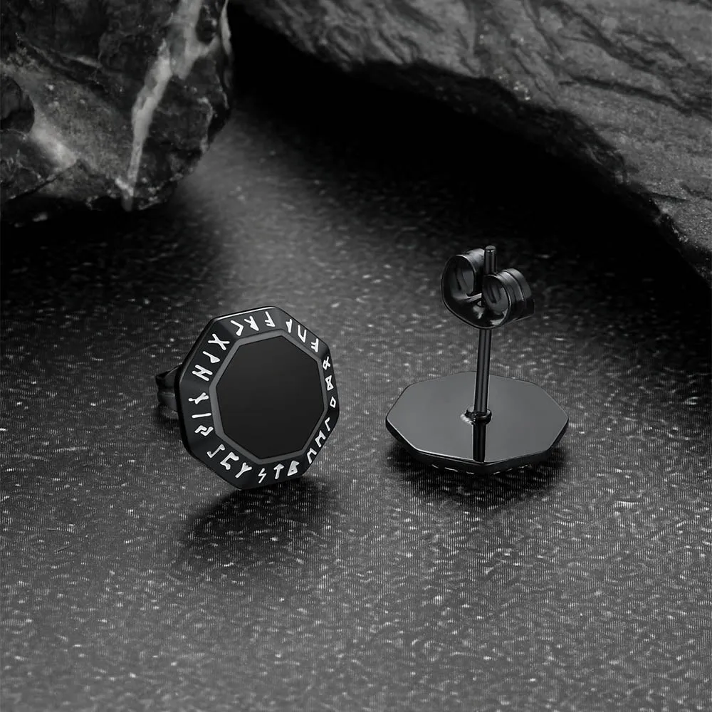 Hexagon Viking Rune Black Onyx Stud Earrings for Men sold by FaithHeart product image thumbnail 5