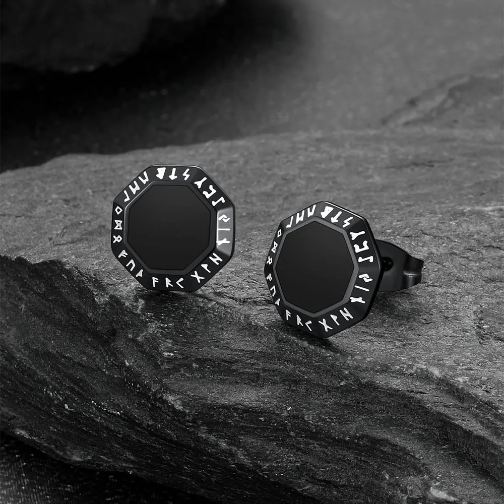Hexagon Viking Rune Black Onyx Stud Earrings for Men sold by FaithHeart product image thumbnail 4