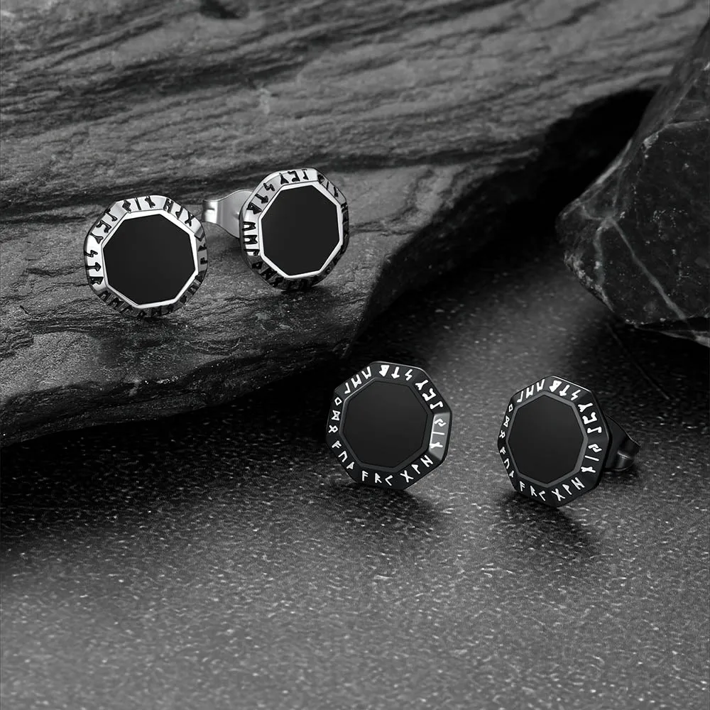 Hexagon Viking Rune Black Onyx Stud Earrings for Men sold by FaithHeart product image thumbnail 3