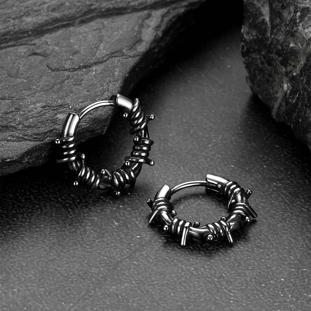 Gothic Barbed Wire Hoop Huggie Earrings for Men in Stainless Steel sold by FaithHeart product image thumbnail 4