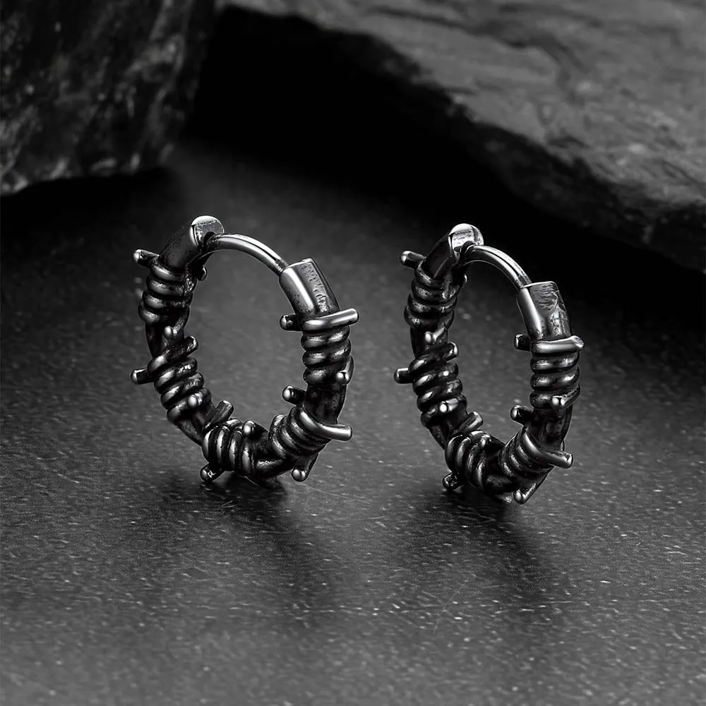 Gothic Barbed Wire Hoop Huggie Earrings for Men in Stainless Steel sold by FaithHeart product image thumbnail 3