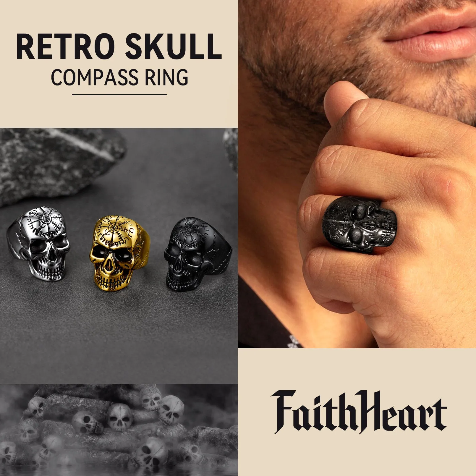 Stainless Steel Biker Punk Compass Skull Ring for Men sold by FaithHeart product image thumbnail 5