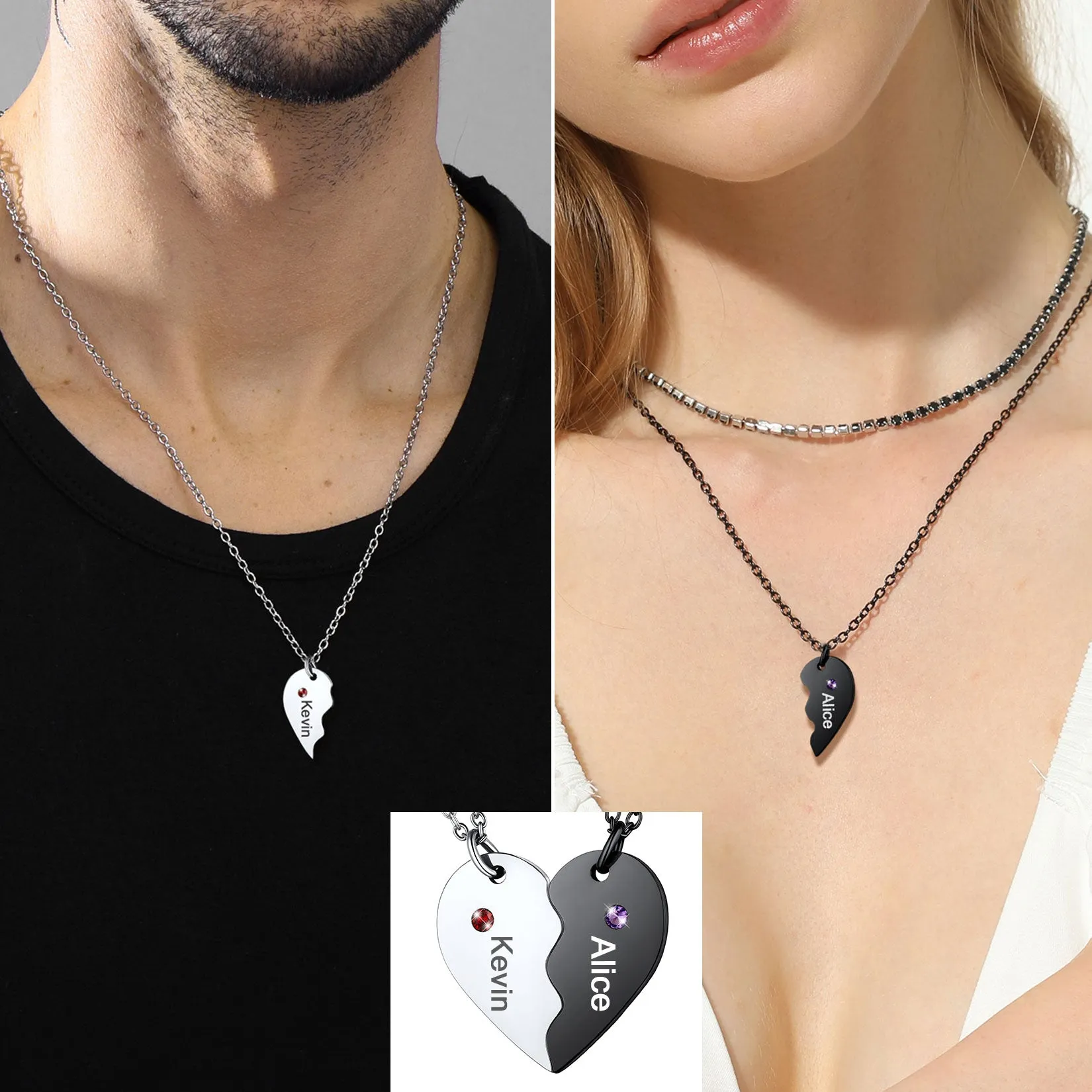 Custom Heart Matching Necklaces with Birthstone for Couple Best Friends sold by FaithHeart product image thumbnail 2