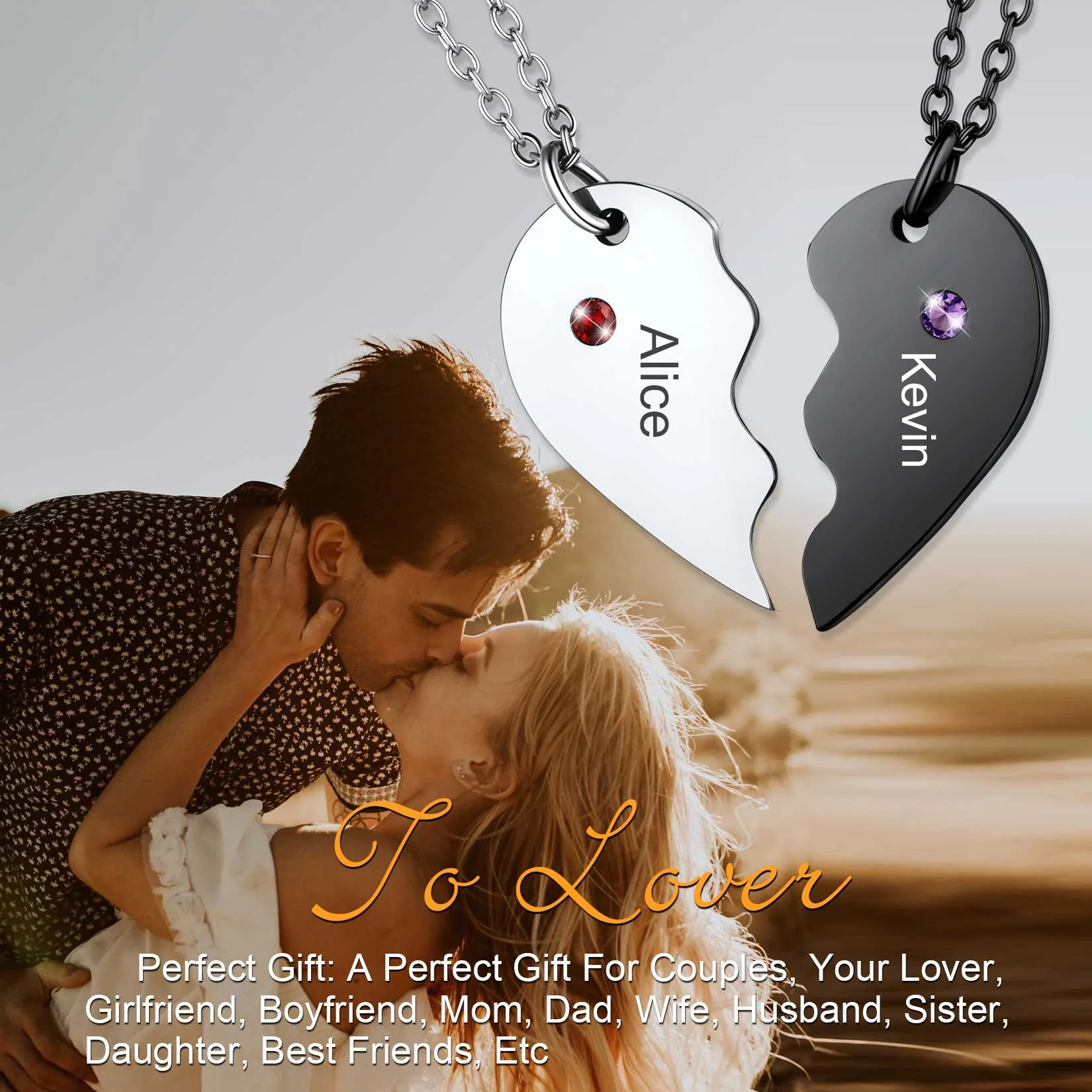 Custom Heart Matching Necklaces with Birthstone for Couple Best Friends sold by FaithHeart product image thumbnail 3