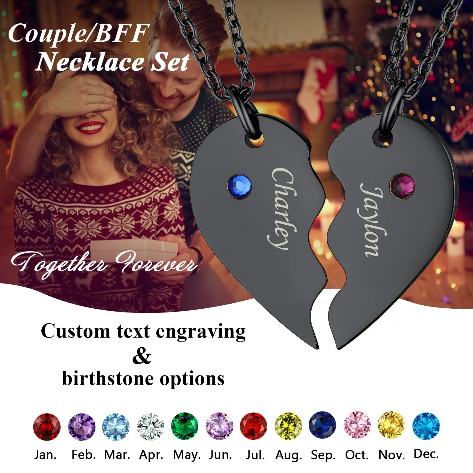 Custom Heart Matching Necklaces with Birthstone for Couple Best Friends sold by FaithHeart product image thumbnail 4