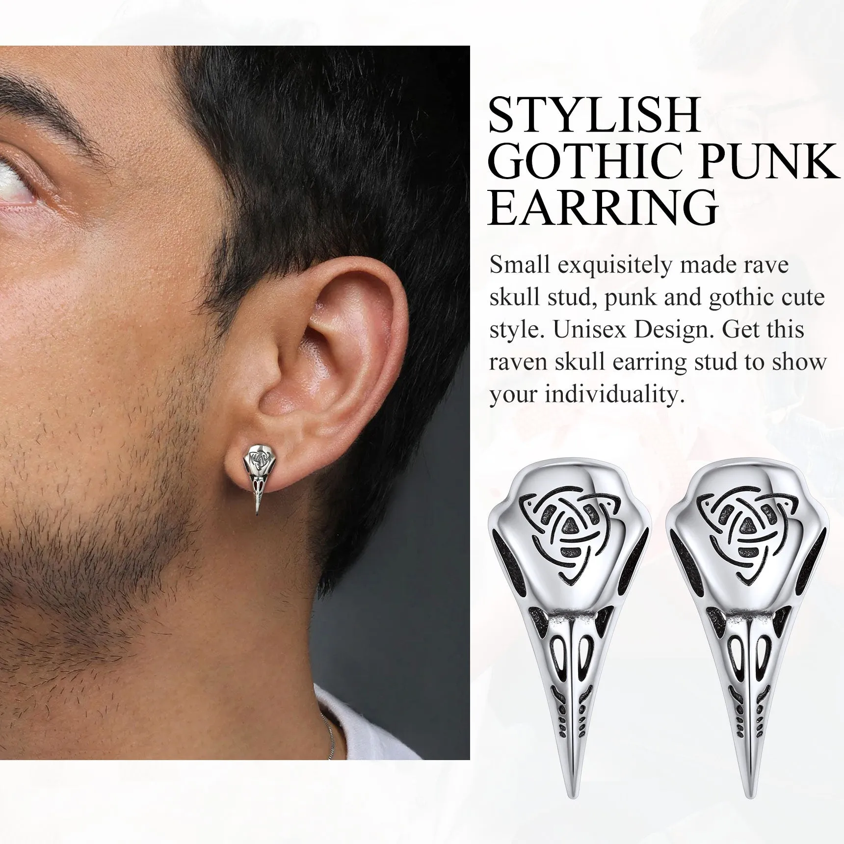 Flash Sale Sterling Silver Viking Raven Skull Earrings Studs With Celtic Knot For Men sold by FaithHeart product image thumbnail 2