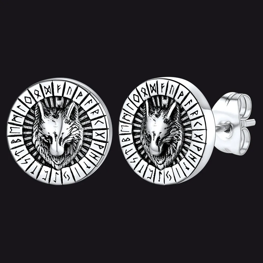 Flash Sale Sterling Silver Viking Wolf Head Stud Earrings with Runes For Men sold by FaithHeart