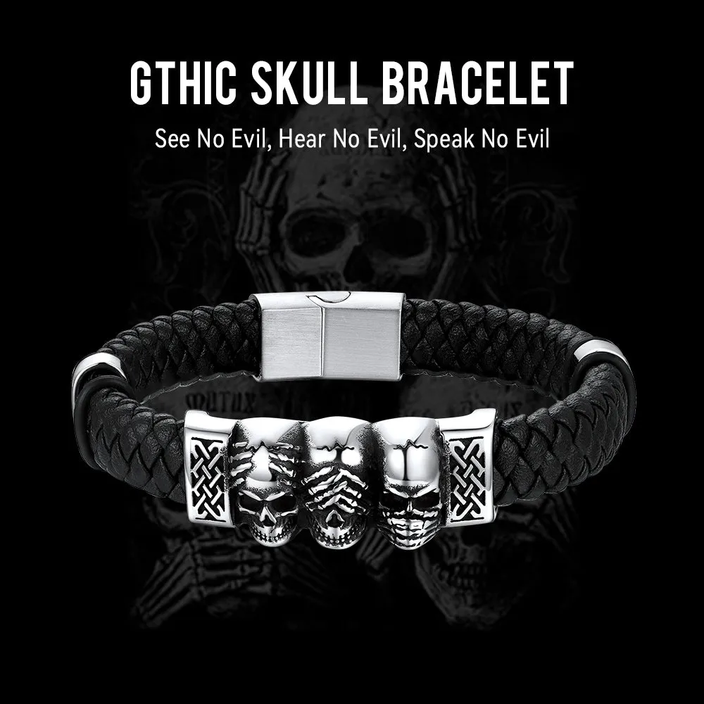 Gothic 3 Skull Braided Leather Bracelet Gift For Men Father Son Grandson sold by FaithHeart product image thumbnail 4