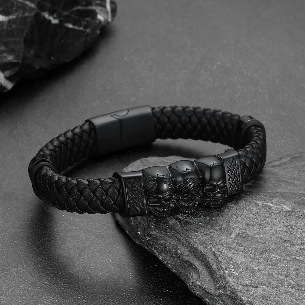 Gothic 3 Skull Braided Leather Bracelet Gift For Men Father Son Grandson sold by FaithHeart