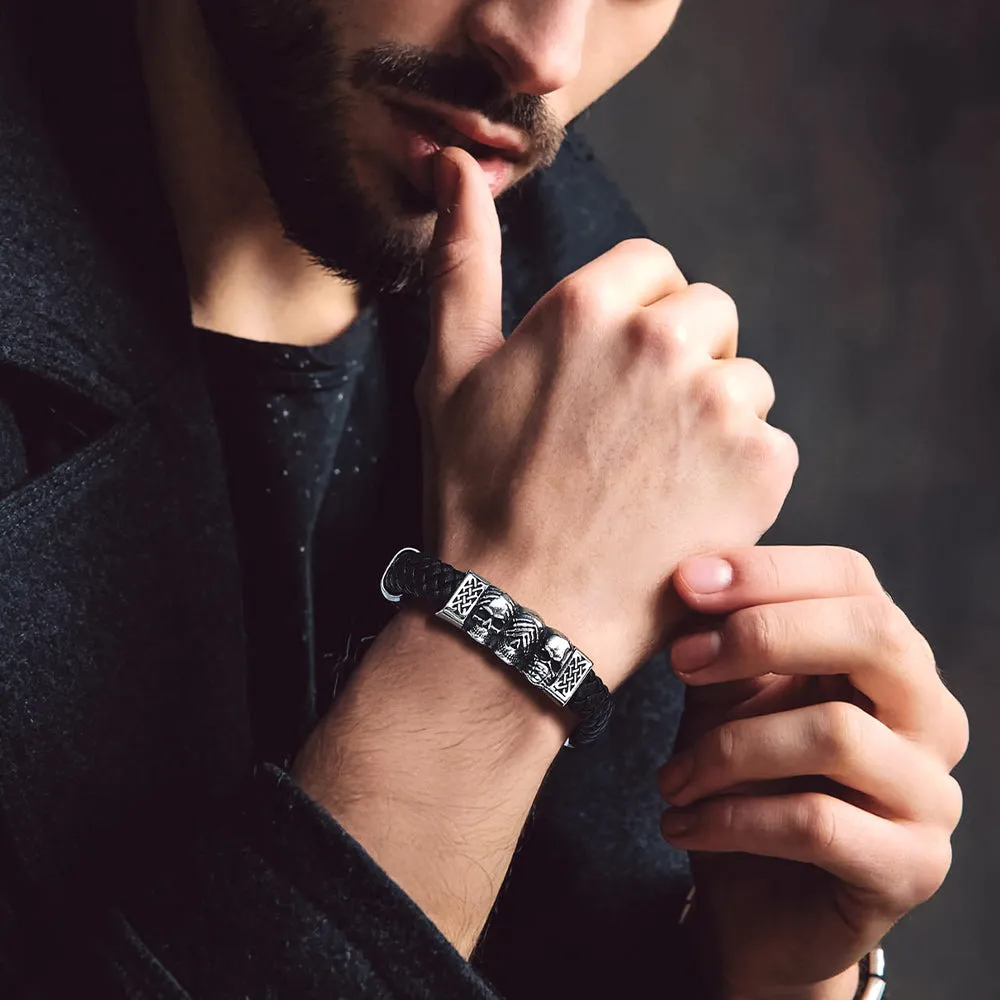 Gothic 3 Skull Braided Leather Bracelet Gift For Men Father Son Grandson sold by FaithHeart product image thumbnail 3