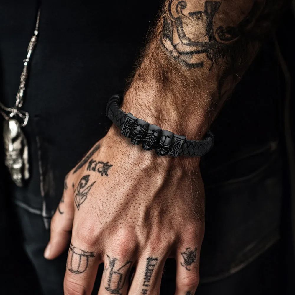 Gothic 3 Skull Braided Leather Bracelet Gift For Men Father Son Grandson sold by FaithHeart product image thumbnail 2