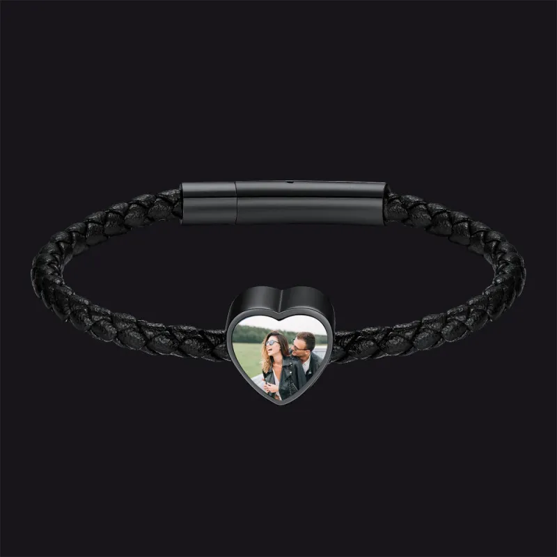 Customized Heart Black Braided PU Leather Bracelet with Picture Memorial Gift sold by FaithHeart