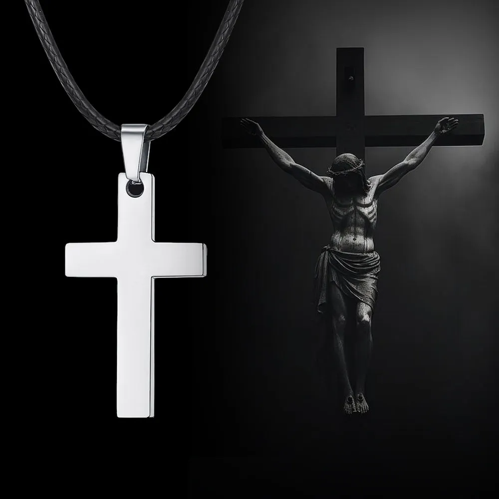 Engravable Cross Leather Necklace Pendant for Men Women sold by FaithHeart product image thumbnail 4