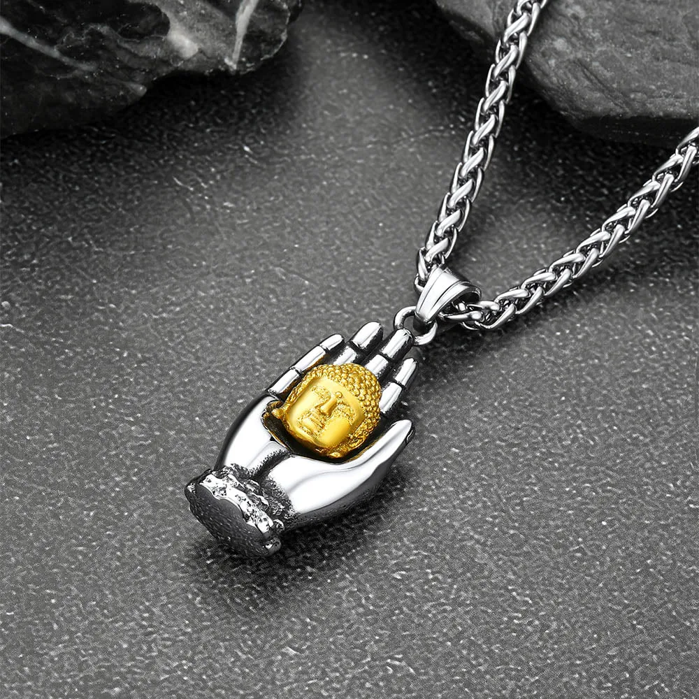 Buddha Necklace Gotama Siddhattha Head & Praying Hand Pendant sold by FaithHeart product image thumbnail 4