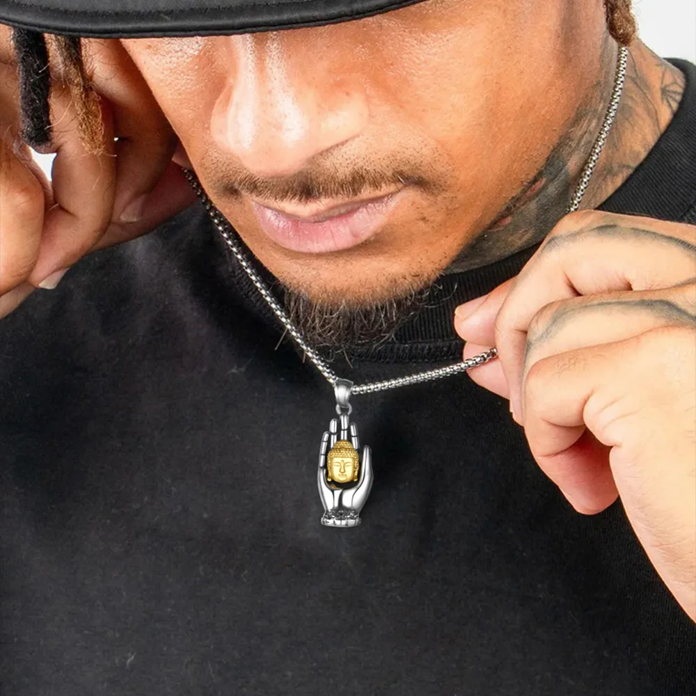 Buddha Necklace Gotama Siddhattha Head & Praying Hand Pendant sold by FaithHeart product image thumbnail 3