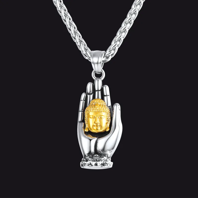 Buddha Necklace Gotama Siddhattha Head & Praying Hand Pendant sold by FaithHeart