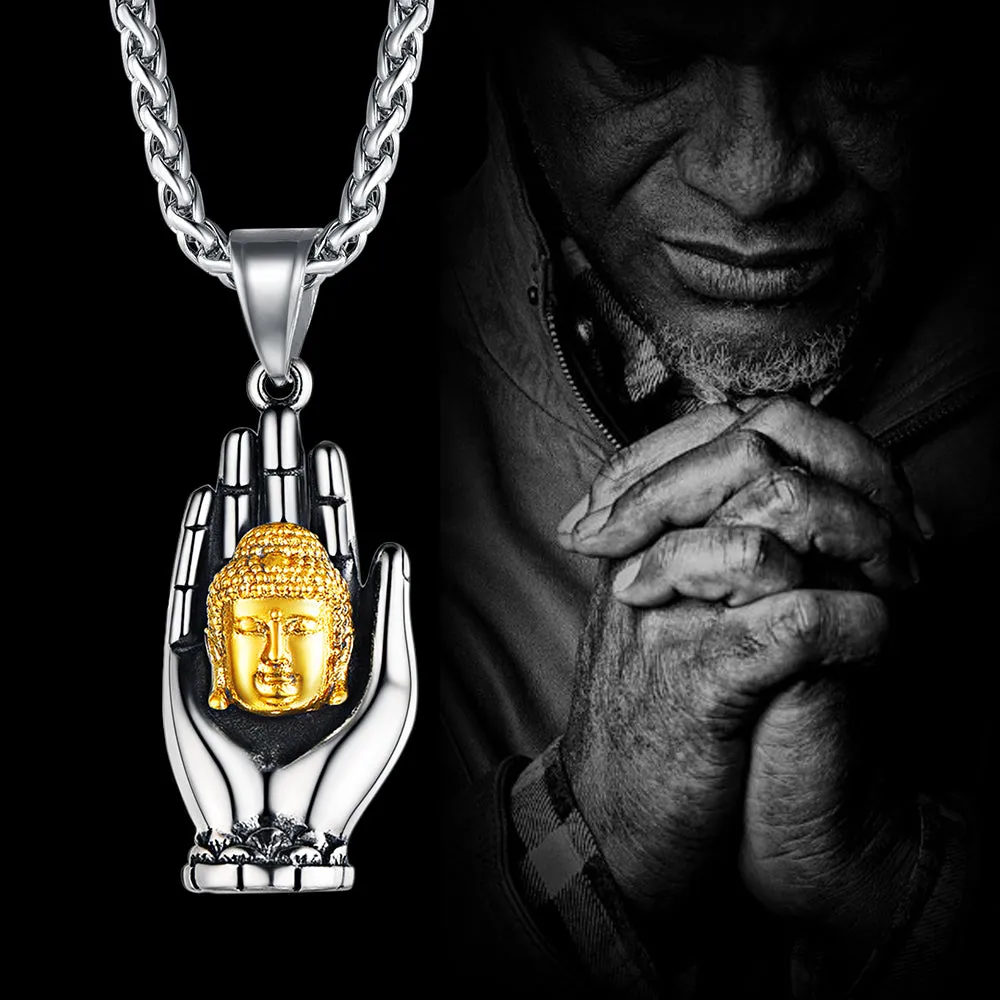 Buddha Necklace Gotama Siddhattha Head & Praying Hand Pendant sold by FaithHeart product image thumbnail 2