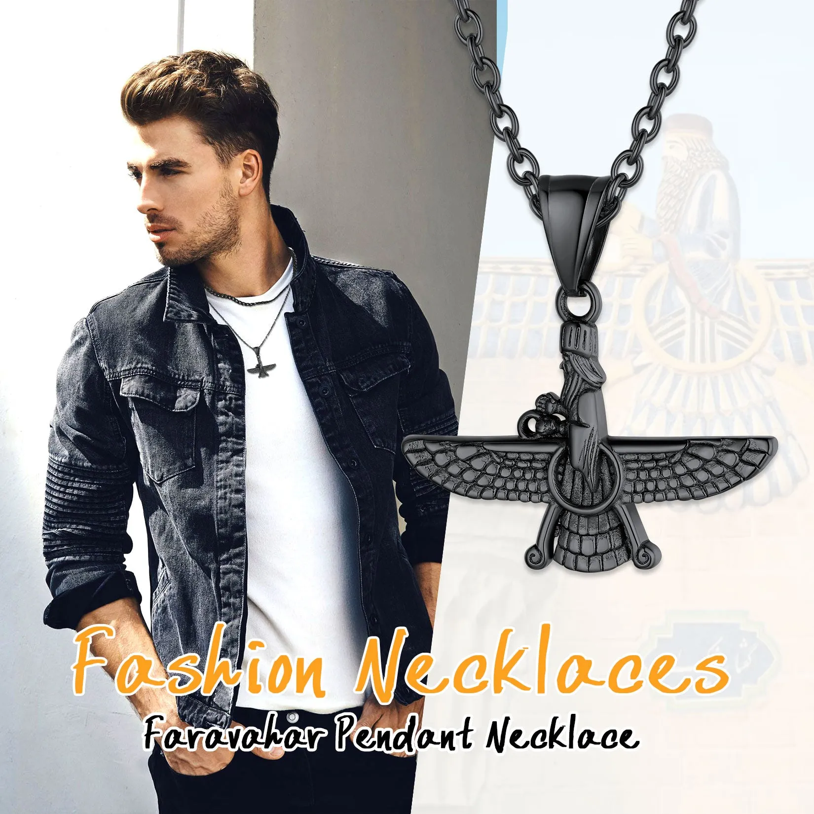 Stainless Steel Faravahar Ahura Mazda Pendant Necklace For Men sold by FaithHeart product image thumbnail 5