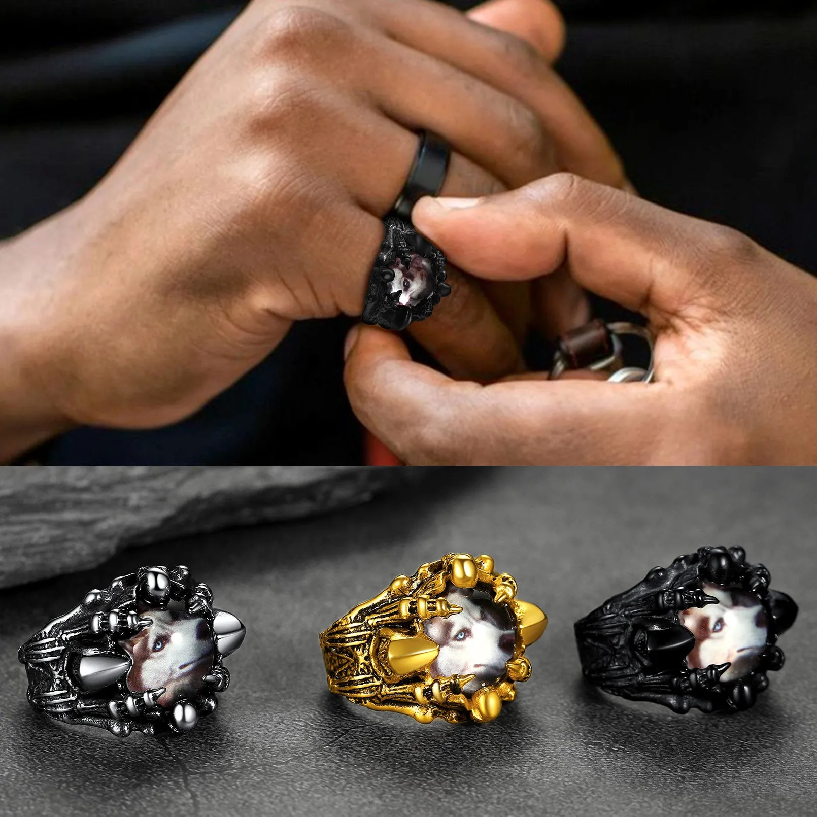 Customized Gothic Photo Dragon Claw Ring with Picture For Men sold by FaithHeart product image thumbnail 3