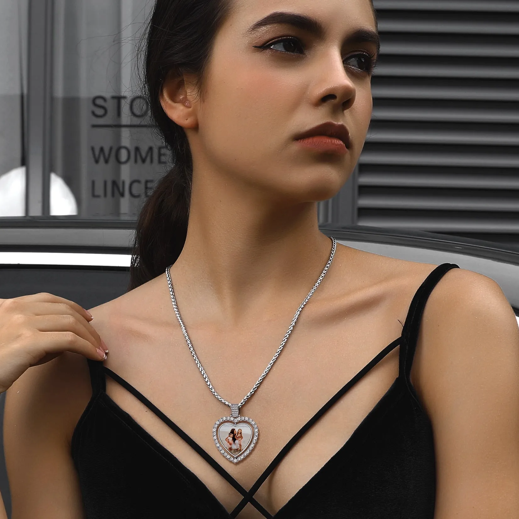 Customized Double-side Heart Picture Photo Necklace with Cubic Zirconia sold by FaithHeart product image thumbnail 3
