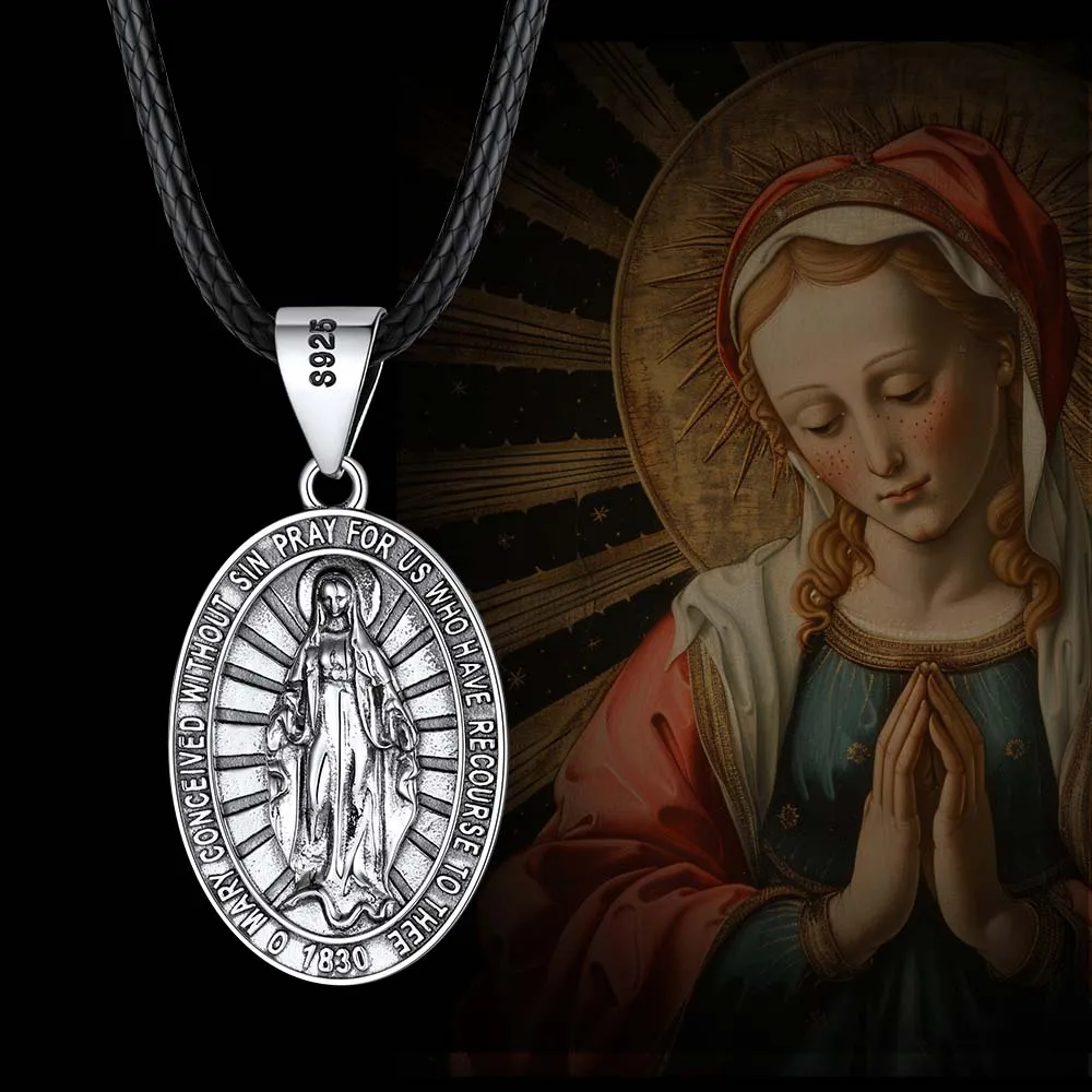 Sterling Silver Virgin Mary Necklace Medallion with Leather Chain sold by FaithHeart product image thumbnail 4