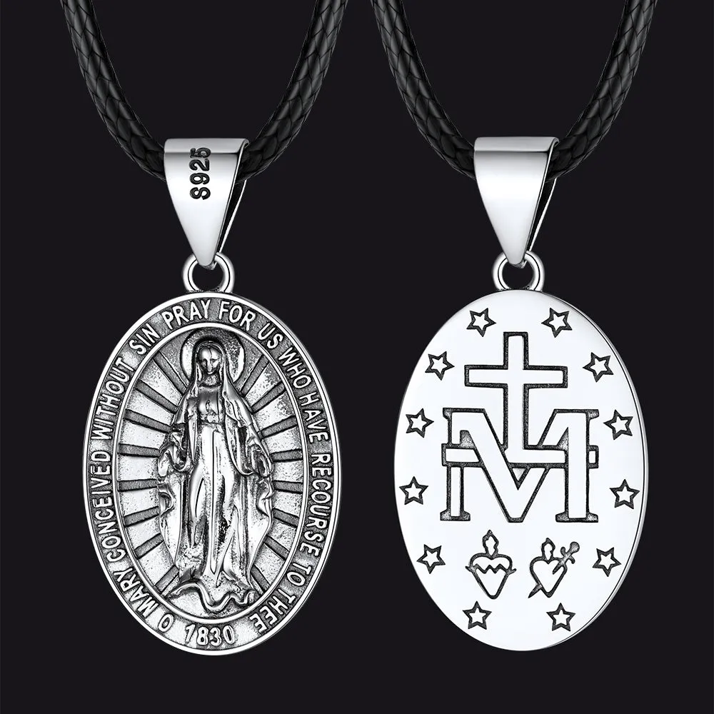 Sterling Silver Virgin Mary Necklace Medallion with Leather Chain sold by FaithHeart
