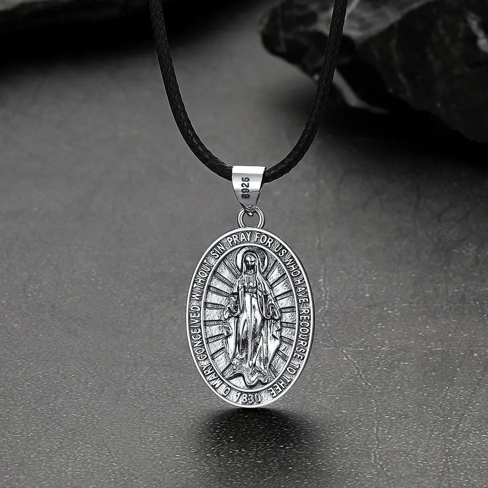 Sterling Silver Virgin Mary Necklace Medallion with Leather Chain sold by FaithHeart product image thumbnail 5