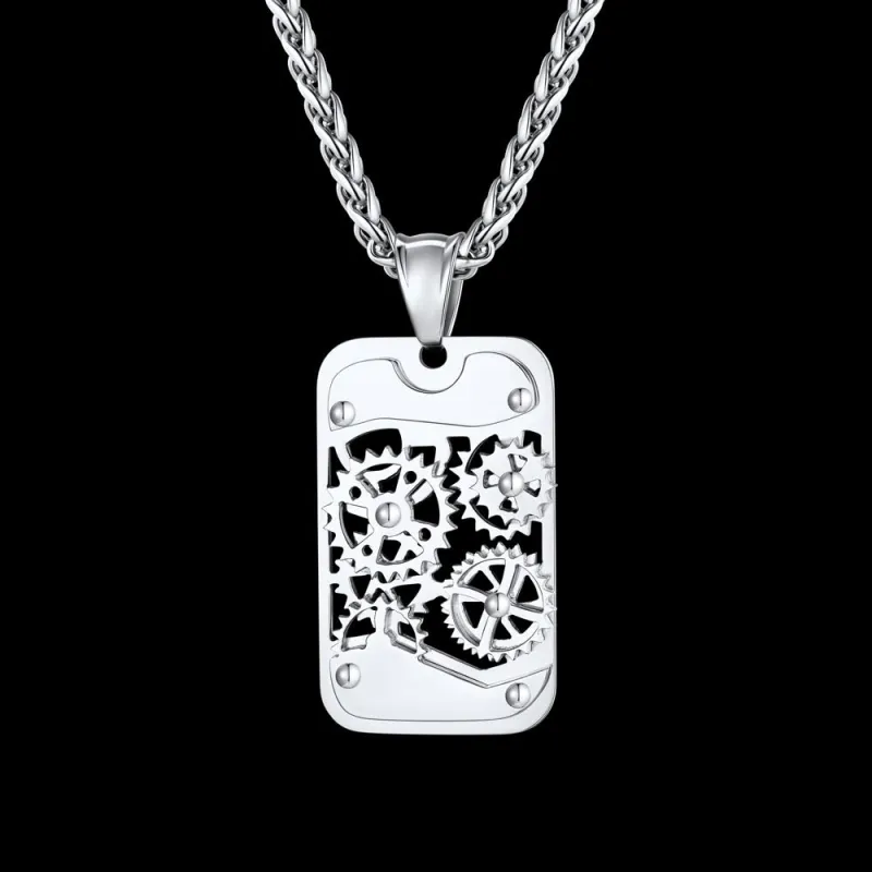 Mechanical Gear Dog Tag Pendant Necklace for Men sold by FaithHeart
