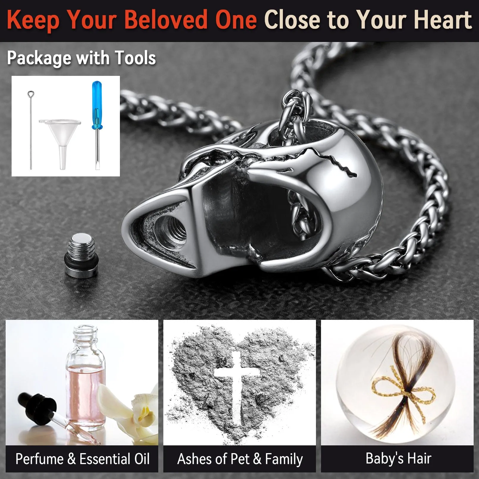 Skull Cremation Urn Necklace for Ashes Memorial Pendant for Men sold by FaithHeart product image thumbnail 3