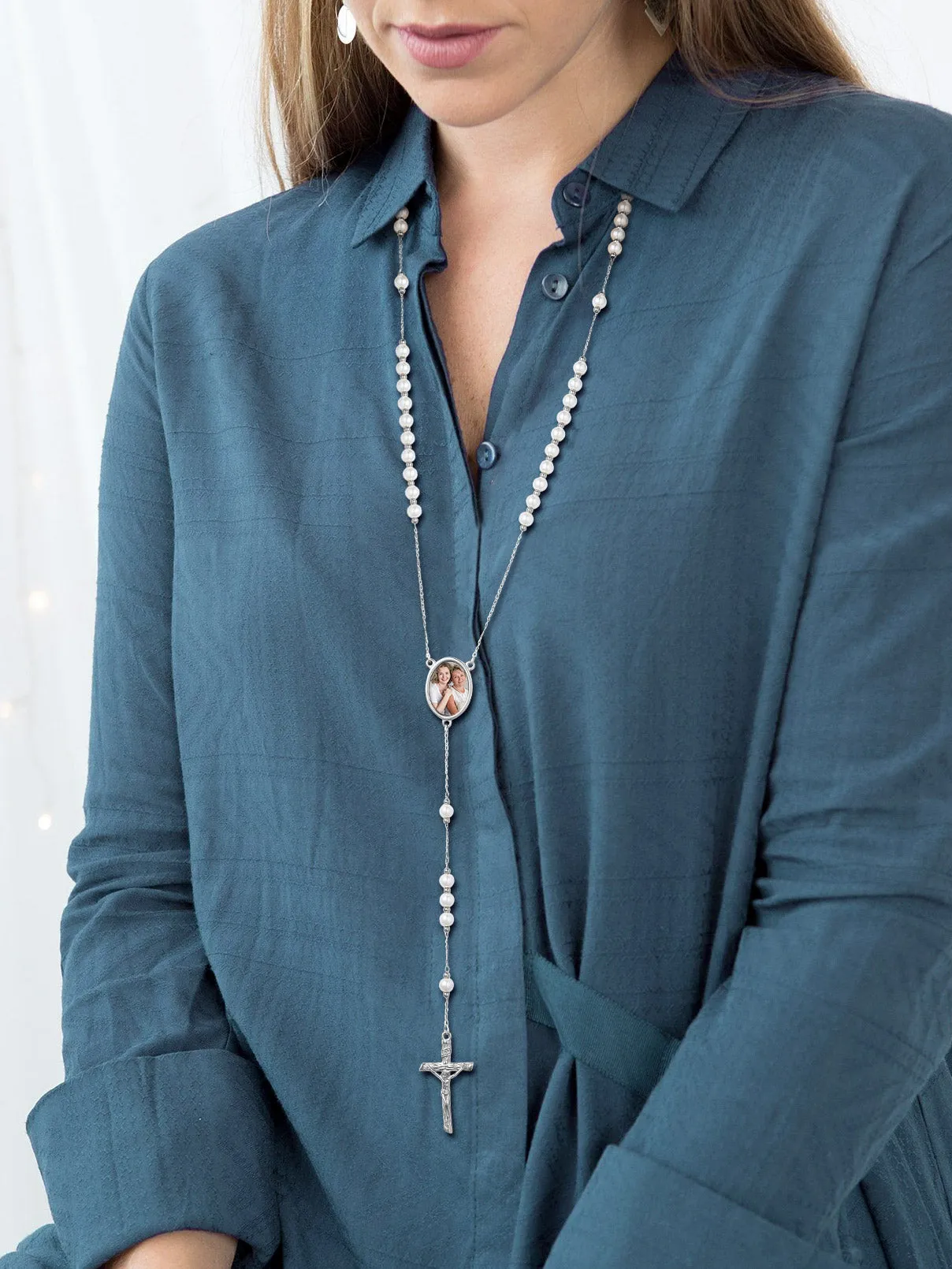 Personalized Picure Rosary Beads Pearl Chain Necklace for Men Women sold by FaithHeart product image thumbnail 4