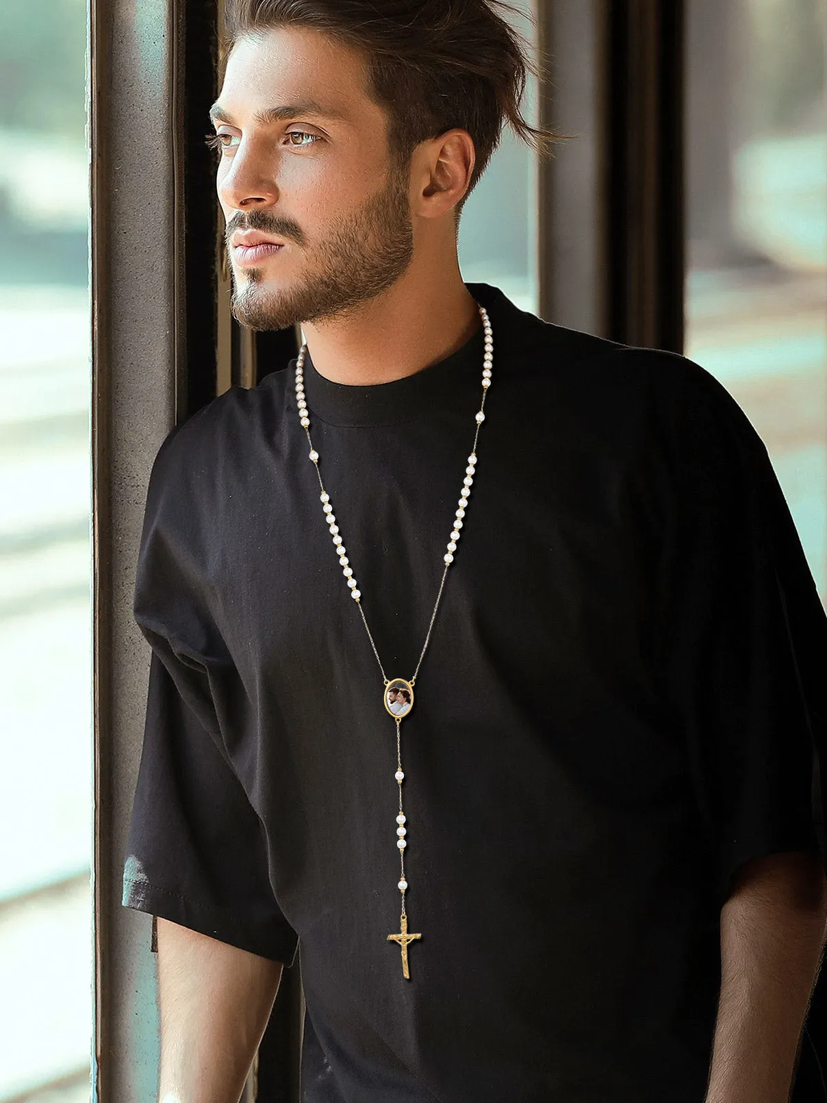 Personalized Picure Rosary Beads Pearl Chain Necklace for Men Women sold by FaithHeart product image thumbnail 3